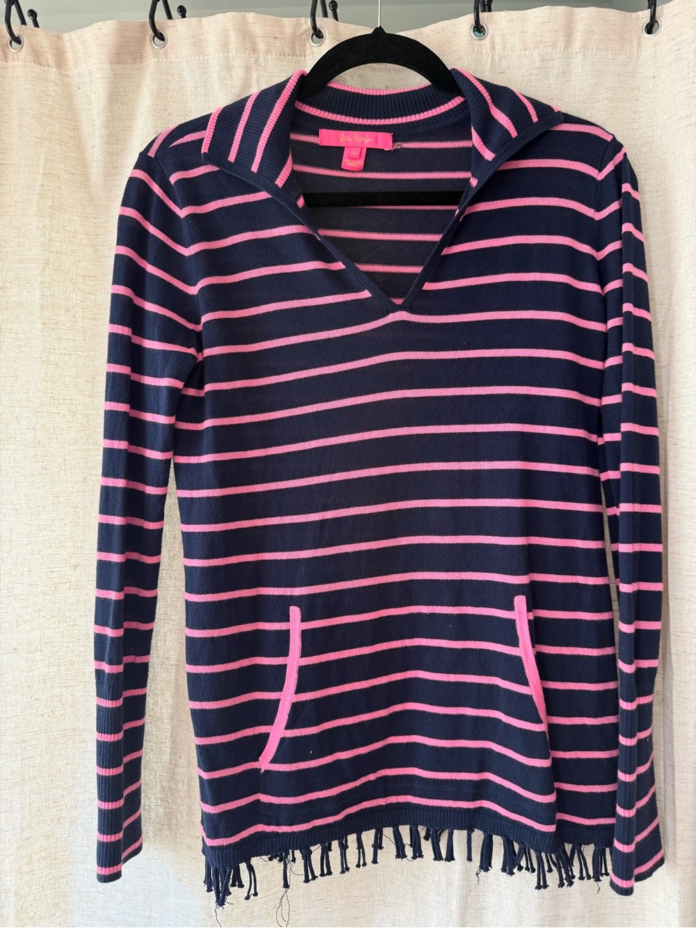 Lilly Pulitzer Navy and Pink Striped V-Neck Sweater